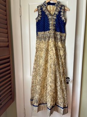 Sleeveless Navy and Gold Embroidered Anarkali Dress